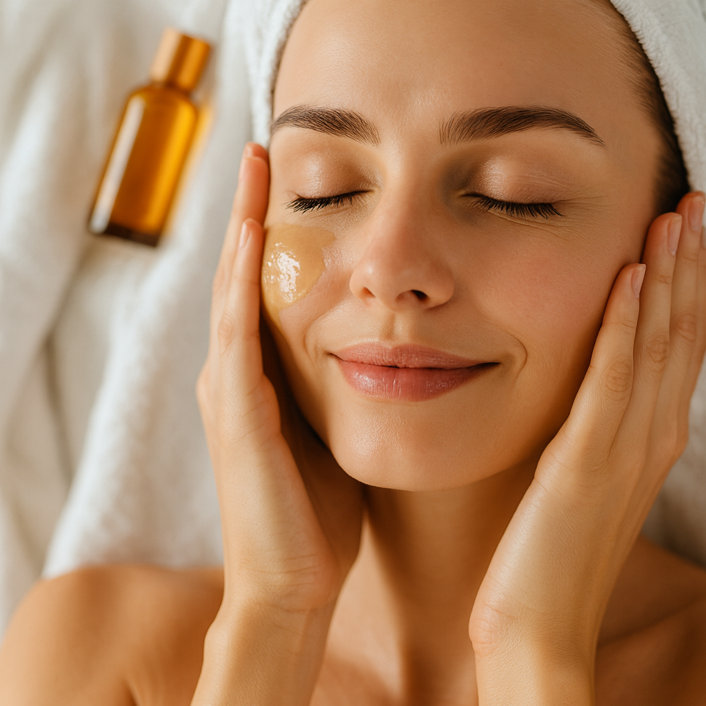 Arkasında bir bitkisel yağ olan kadın yüzüne yağ sürüyor.