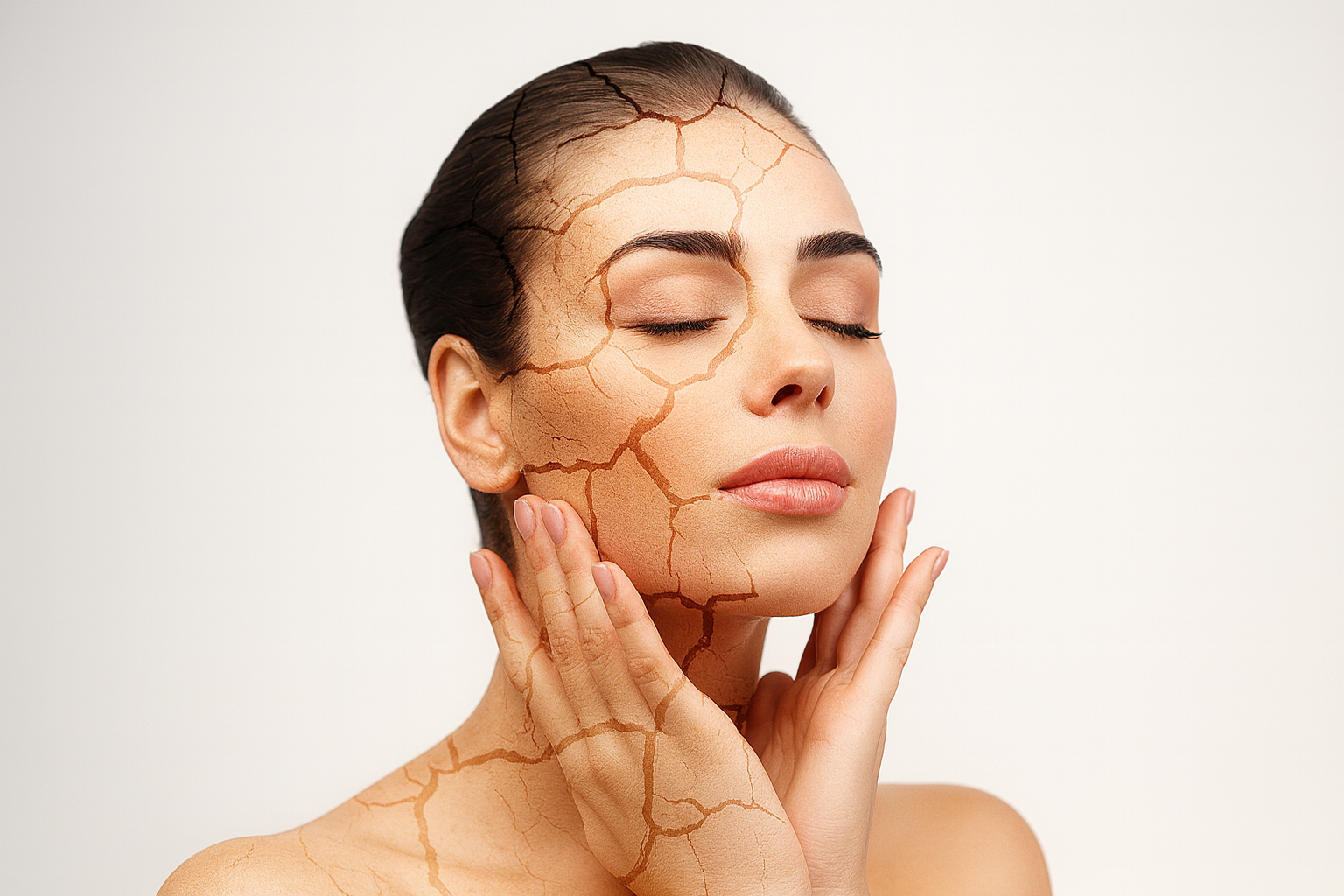 Cildine kuruluğu belirtmek için çöl görseli eklenen bir kadın.